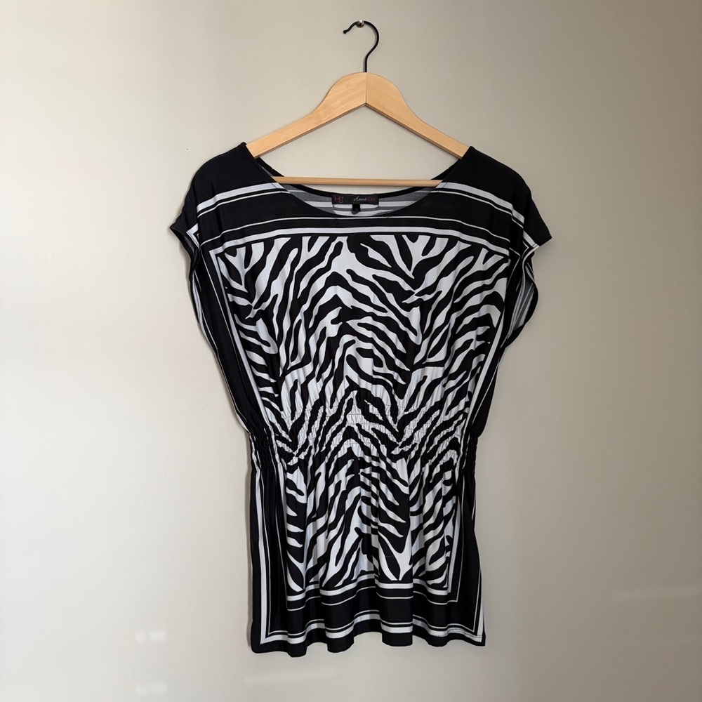 Y2K zebra print wide neck cinch waist top